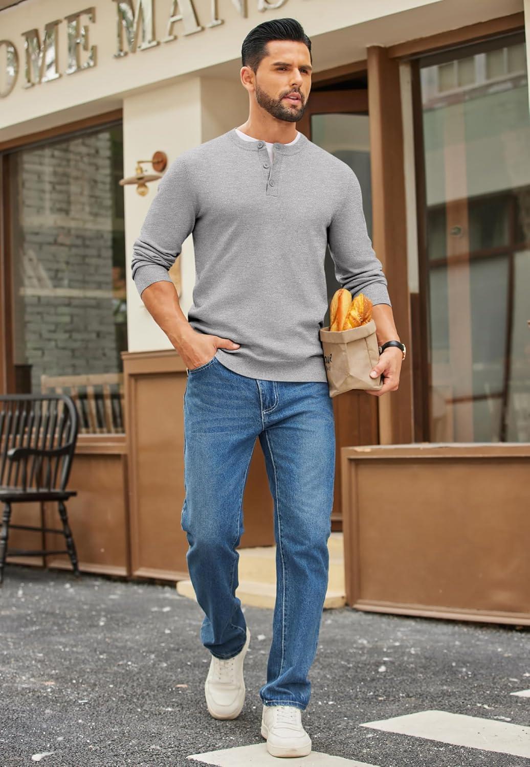 imageCOOFANDY Mens Henley Sweater Long Sleeve Quarter Button Sweaters Casual Knit Pullover SweaterLight Grey