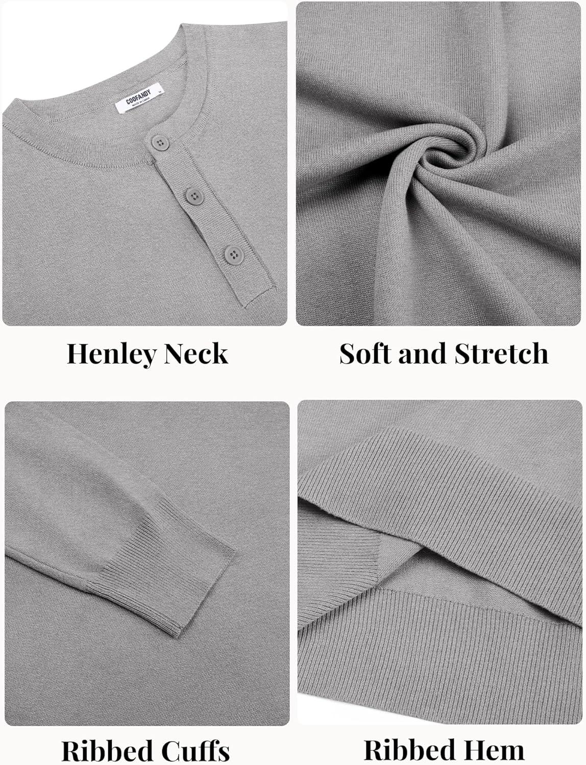 imageCOOFANDY Mens Henley Sweater Long Sleeve Quarter Button Sweaters Casual Knit Pullover SweaterLight Grey