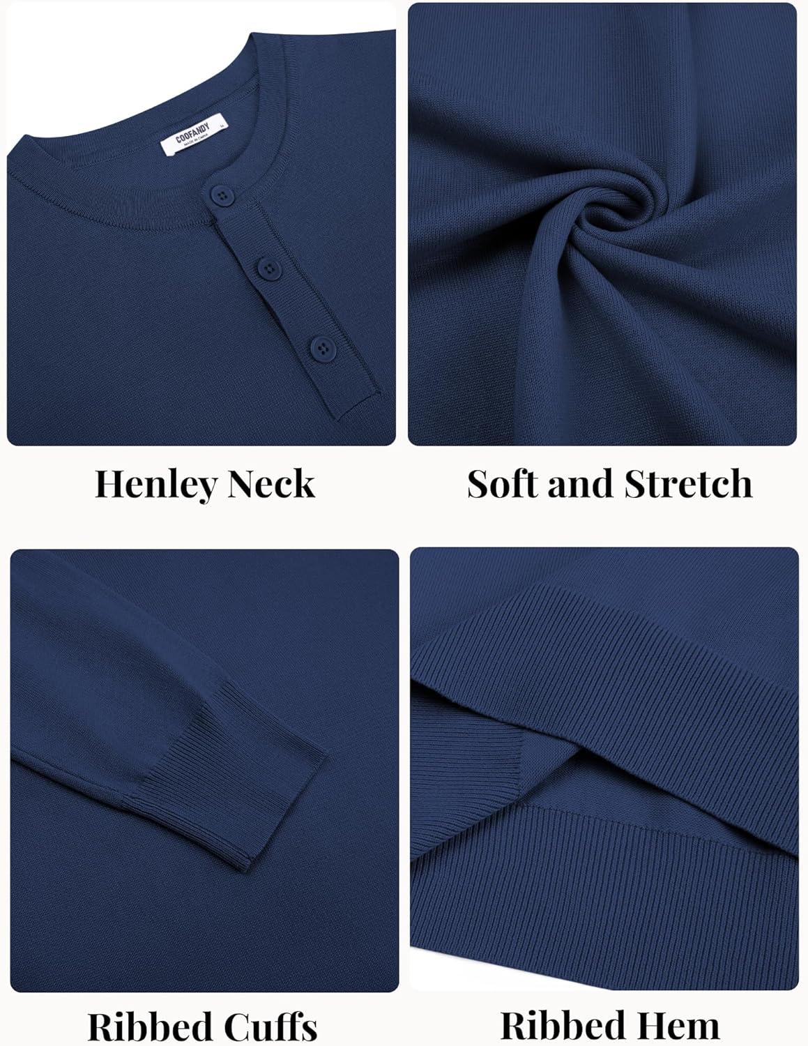 imageCOOFANDY Mens Henley Sweater Long Sleeve Quarter Button Sweaters Casual Knit Pullover SweaterNavy Blue