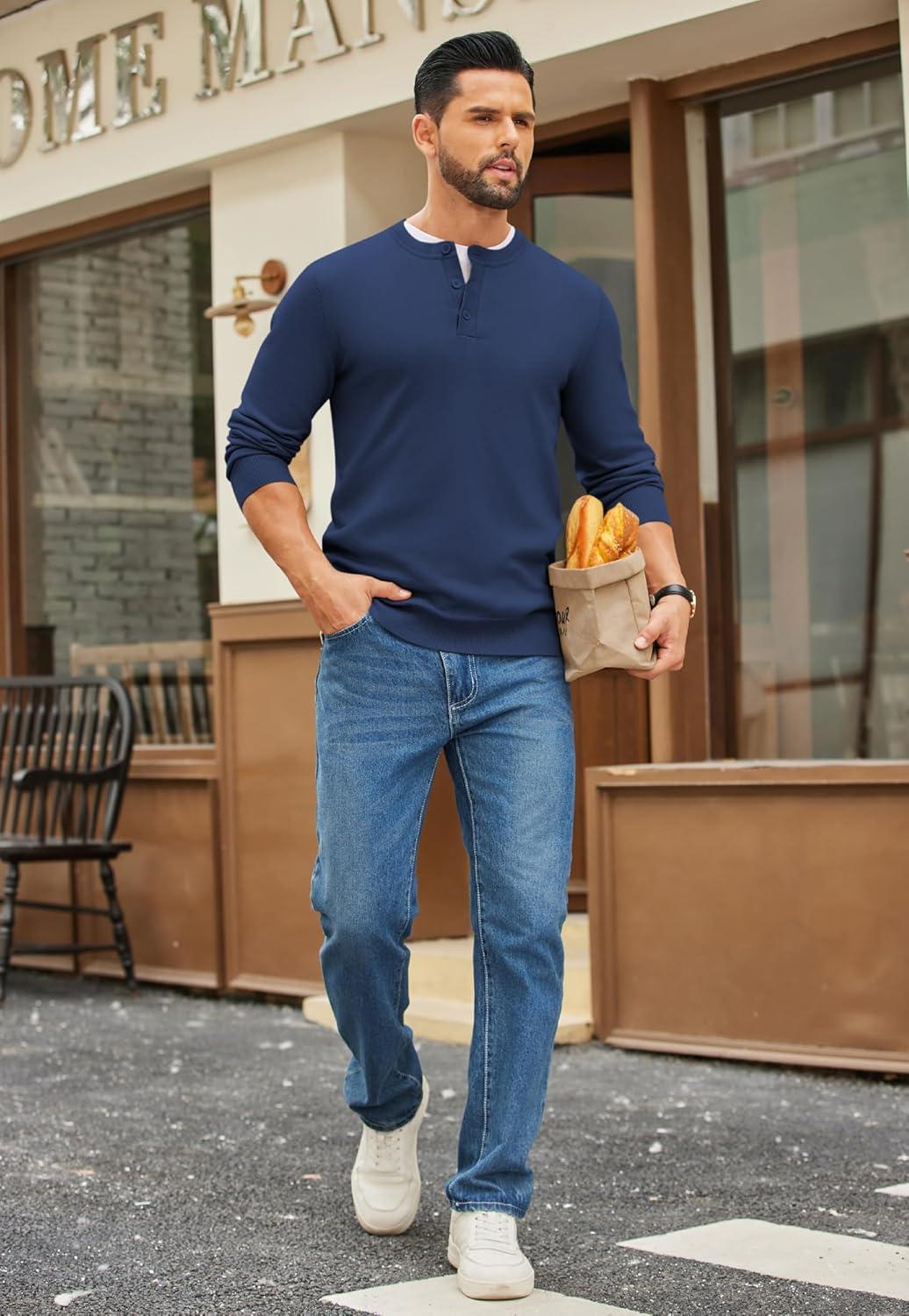 imageCOOFANDY Mens Henley Sweater Long Sleeve Quarter Button Sweaters Casual Knit Pullover SweaterNavy Blue