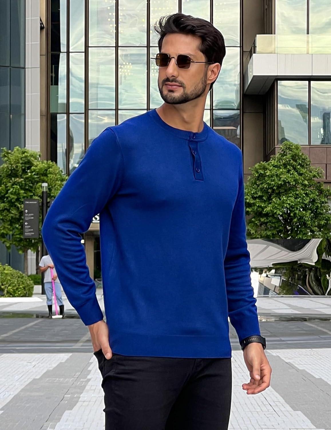 imageCOOFANDY Mens Henley Sweater Long Sleeve Quarter Button Sweaters Casual Knit Pullover SweaterNavy Blue
