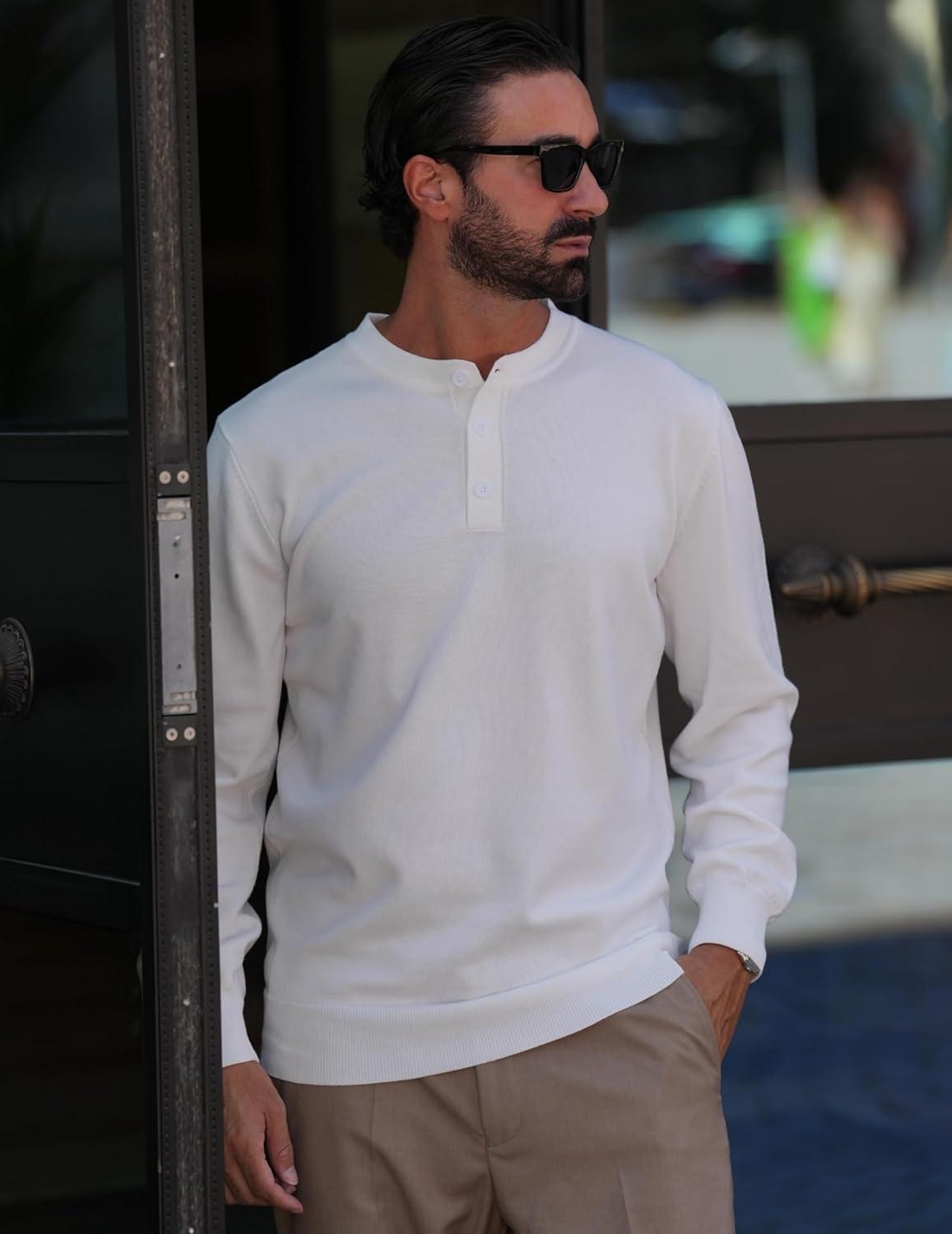 imageCOOFANDY Mens Henley Sweater Long Sleeve Quarter Button Sweaters Casual Knit Pullover SweaterWhite