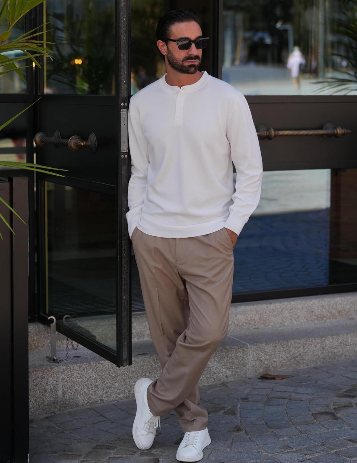 imageCOOFANDY Mens Henley Sweater Long Sleeve Quarter Button Sweaters Casual Knit Pullover SweaterWhite