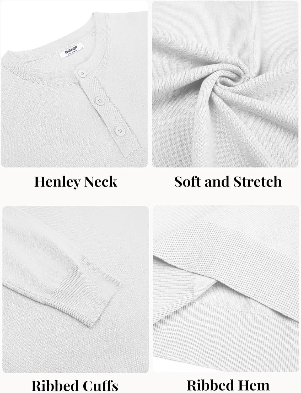 imageCOOFANDY Mens Henley Sweater Long Sleeve Quarter Button Sweaters Casual Knit Pullover SweaterWhite