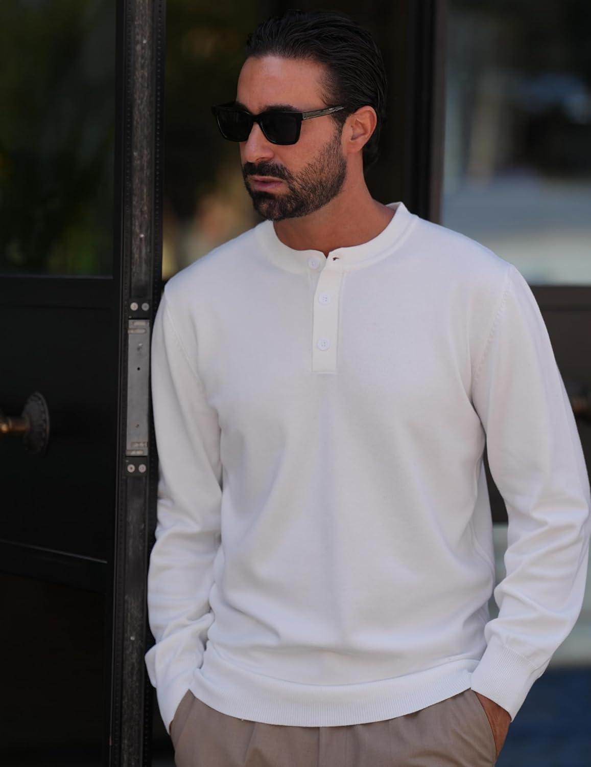 imageCOOFANDY Mens Henley Sweater Long Sleeve Quarter Button Sweaters Casual Knit Pullover SweaterWhite