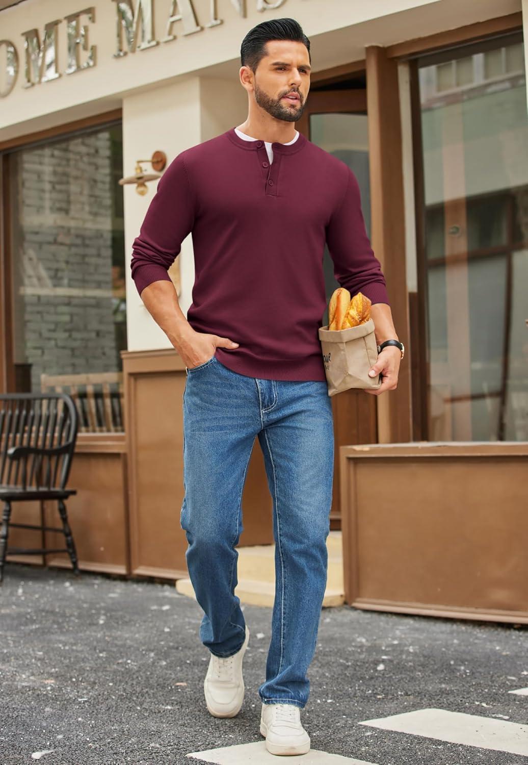 imageCOOFANDY Mens Henley Sweater Long Sleeve Quarter Button Sweaters Casual Knit Pullover SweaterWine Red