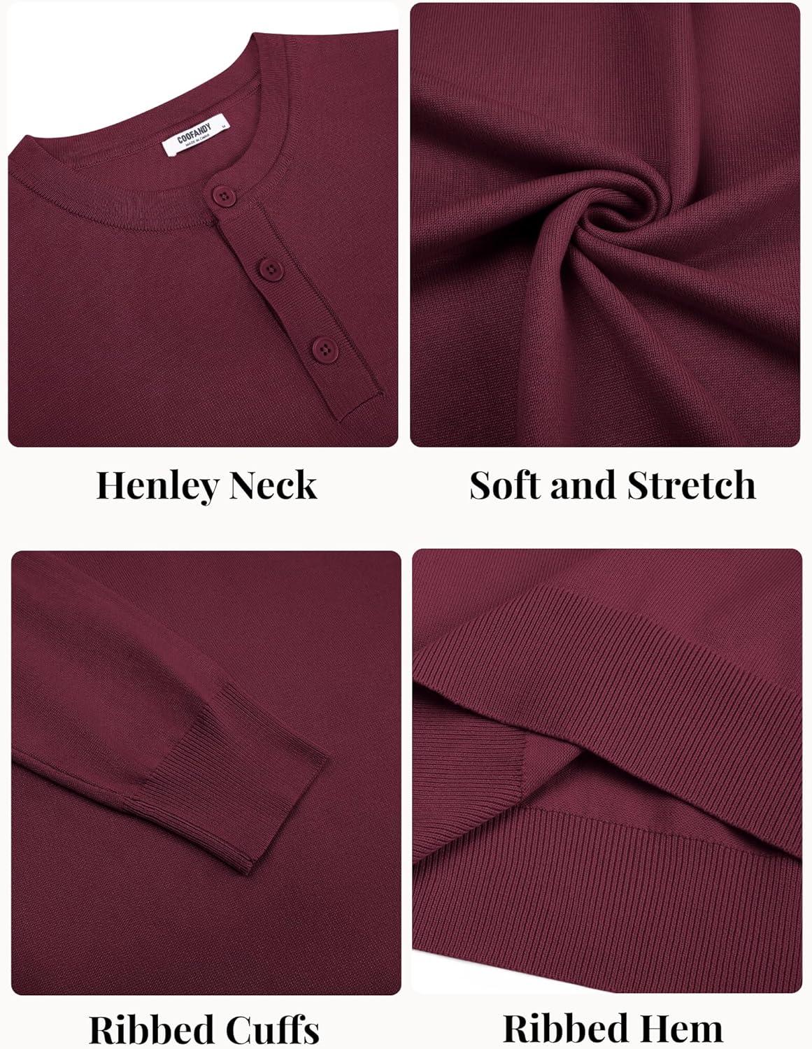 imageCOOFANDY Mens Henley Sweater Long Sleeve Quarter Button Sweaters Casual Knit Pullover SweaterWine Red