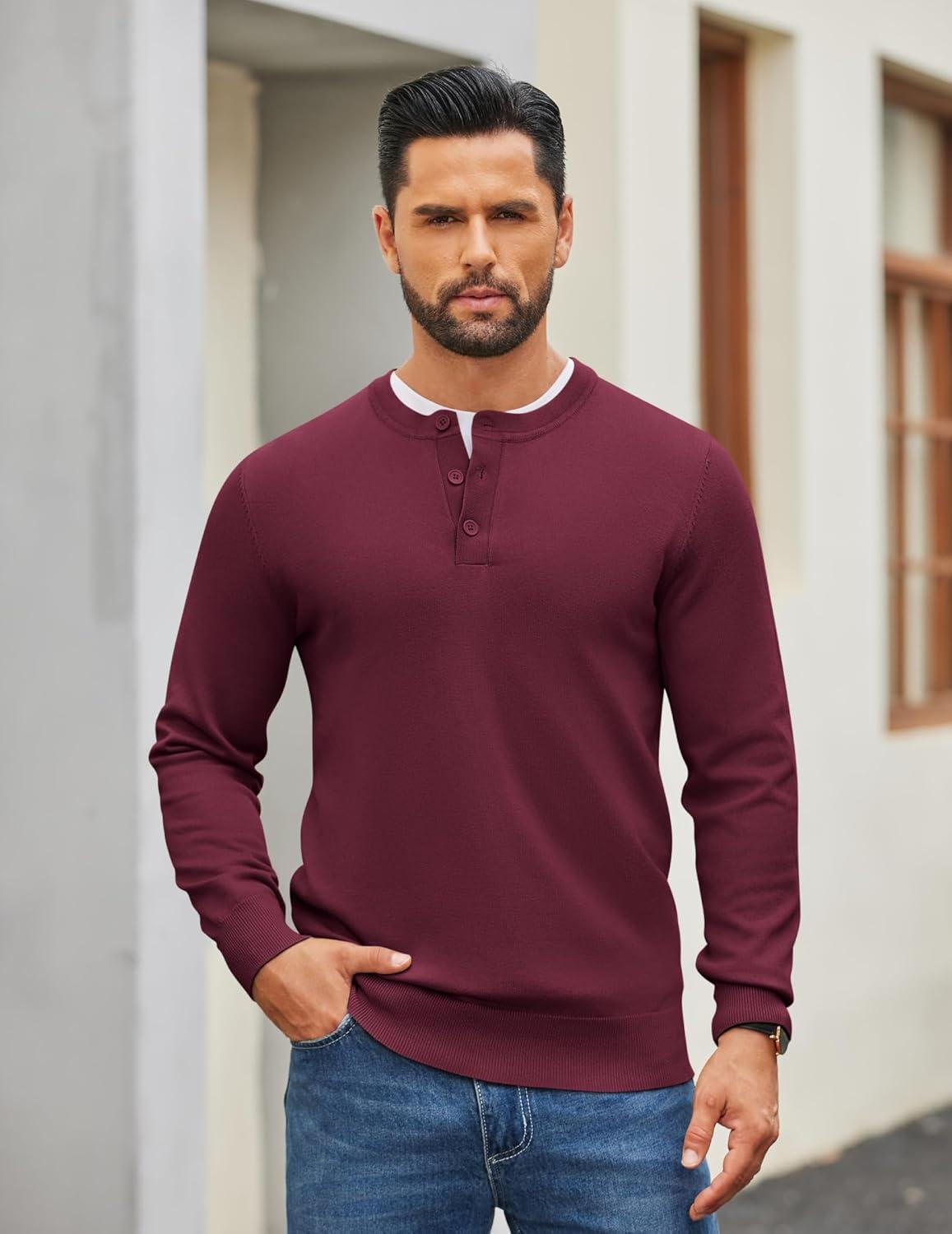 imageCOOFANDY Mens Henley Sweater Long Sleeve Quarter Button Sweaters Casual Knit Pullover SweaterWine Red