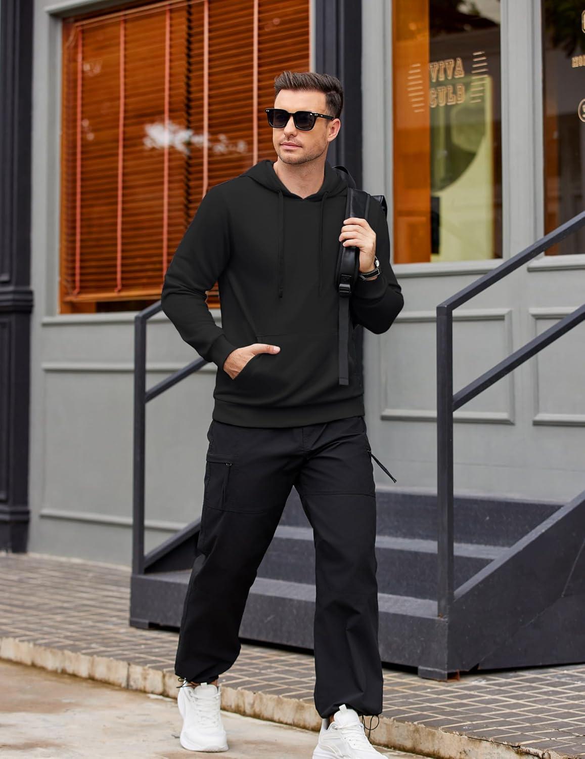 imageCOOFANDY Mens Hooded Pullover Casual Long Sleeve Drawstring Gym Hoodies Sweatshirts with PocketBlack