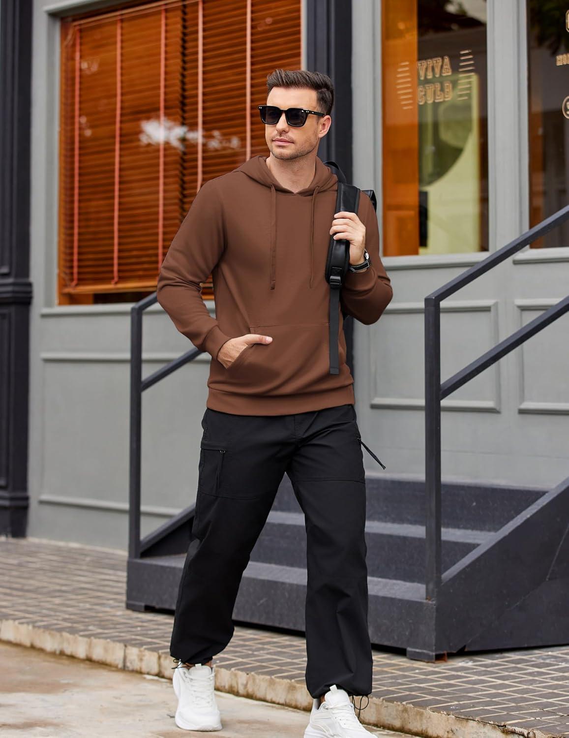 imageCOOFANDY Mens Hooded Pullover Casual Long Sleeve Drawstring Gym Hoodies Sweatshirts with PocketBrown