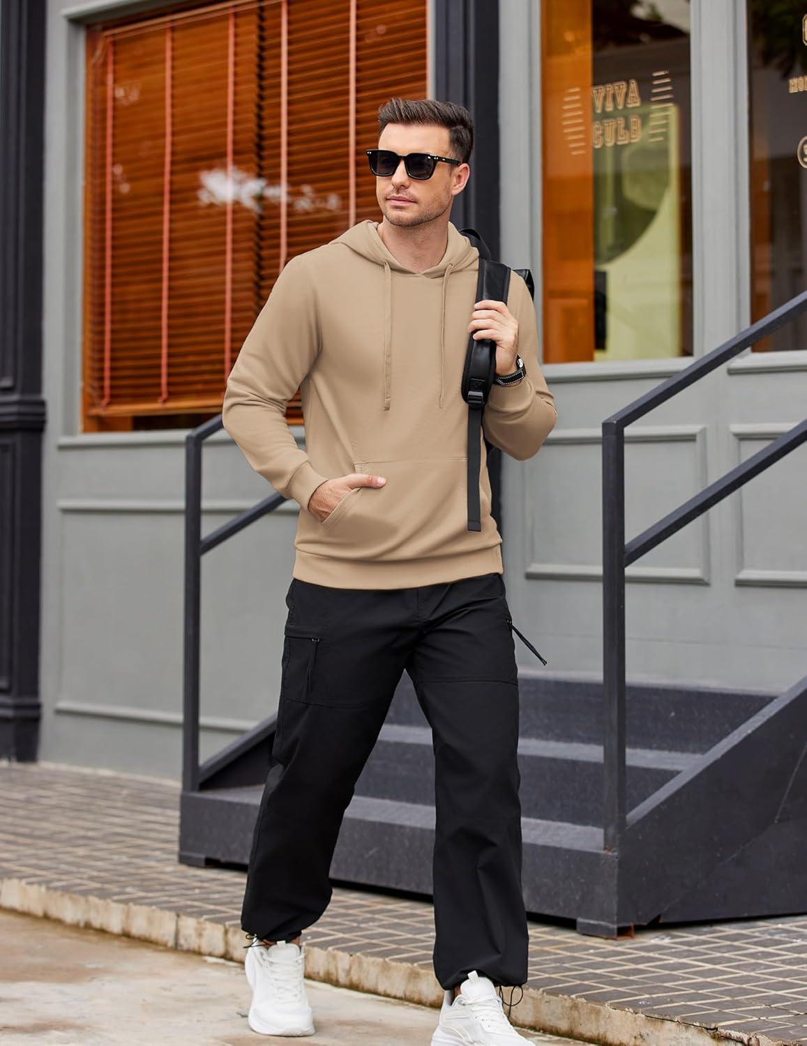 imageCOOFANDY Mens Hooded Pullover Casual Long Sleeve Drawstring Gym Hoodies Sweatshirts with PocketCamel