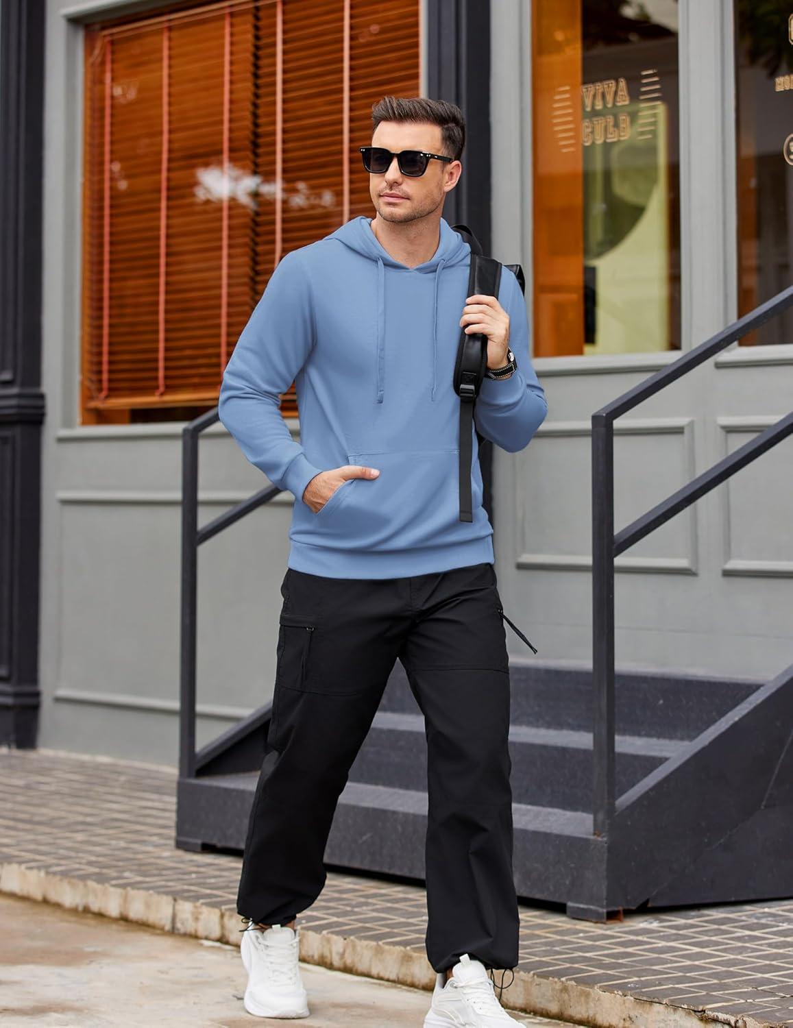 imageCOOFANDY Mens Hooded Pullover Casual Long Sleeve Drawstring Gym Hoodies Sweatshirts with PocketLight Blue