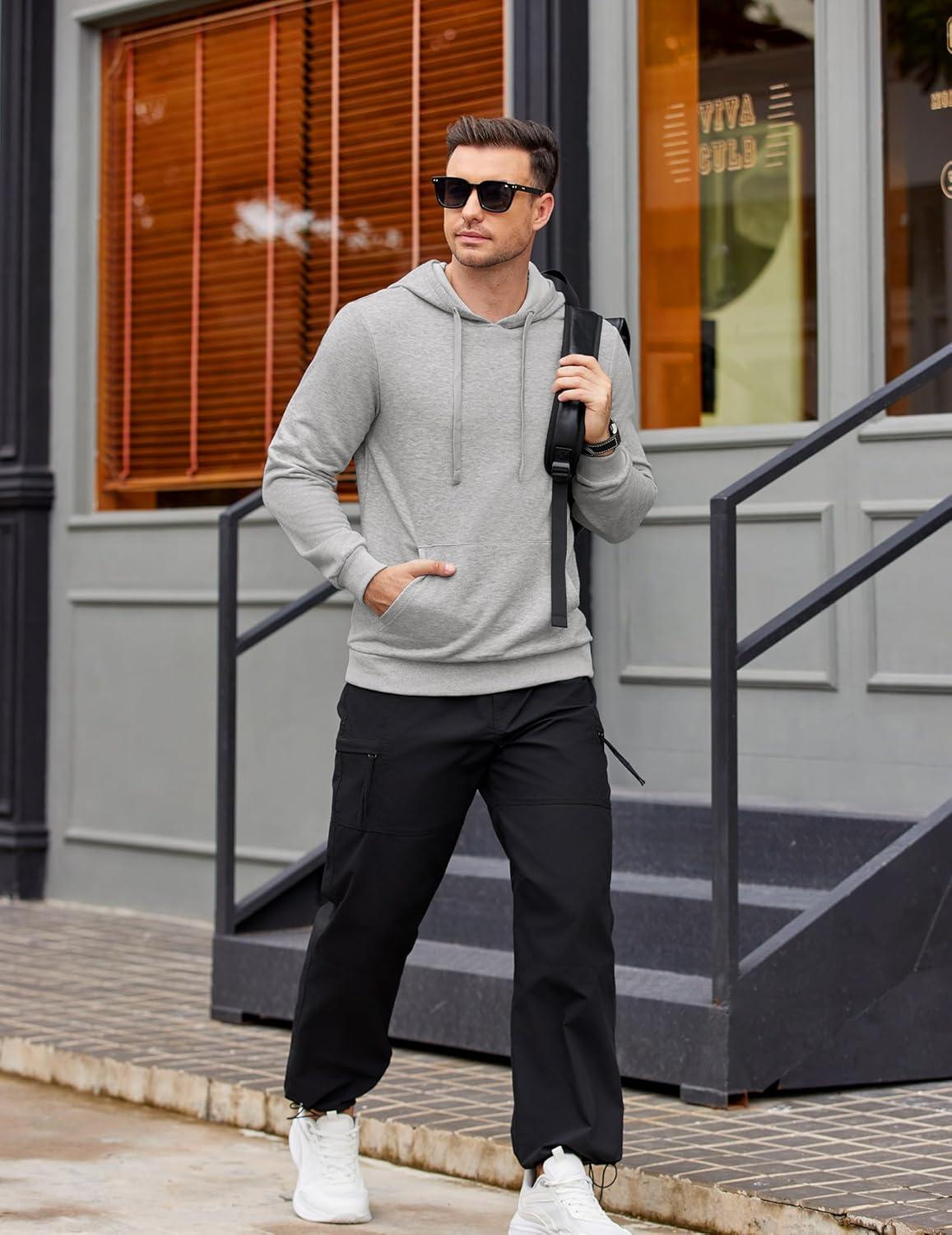 imageCOOFANDY Mens Hooded Pullover Casual Long Sleeve Drawstring Gym Hoodies Sweatshirts with PocketLight Grey