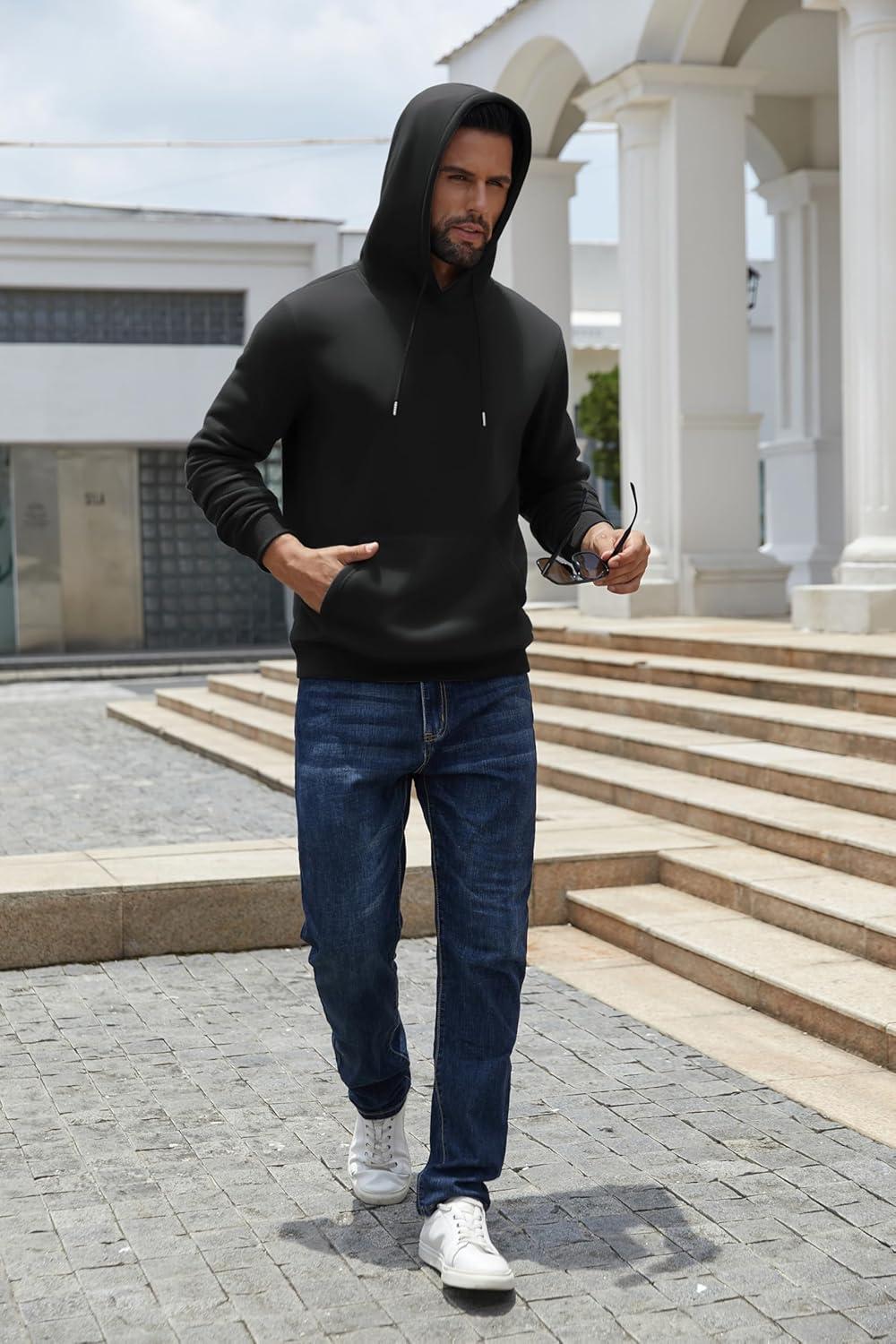 imageCOOFANDY Mens Hoodies Pullover Fleece Lined Hoodie Casual Long Sleeve Drawstring Hooded Sweatshirts with Kanga PocketBlack