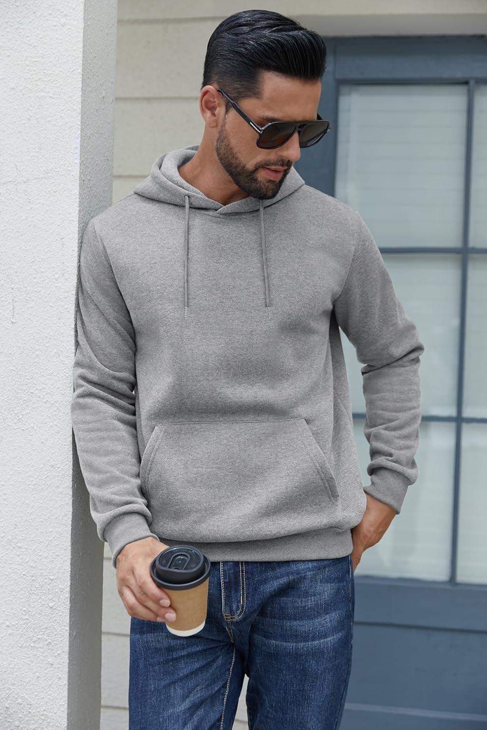 imageCOOFANDY Mens Hoodies Pullover Fleece Lined Hoodie Casual Long Sleeve Drawstring Hooded Sweatshirts with Kanga PocketLight Grey