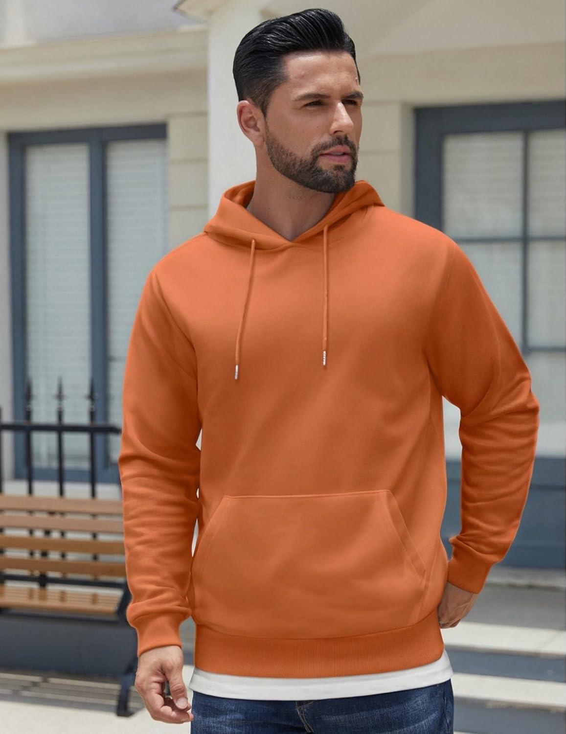 imageCOOFANDY Mens Hoodies Pullover Fleece Lined Hoodie Casual Long Sleeve Drawstring Hooded Sweatshirts with Kanga PocketOrange