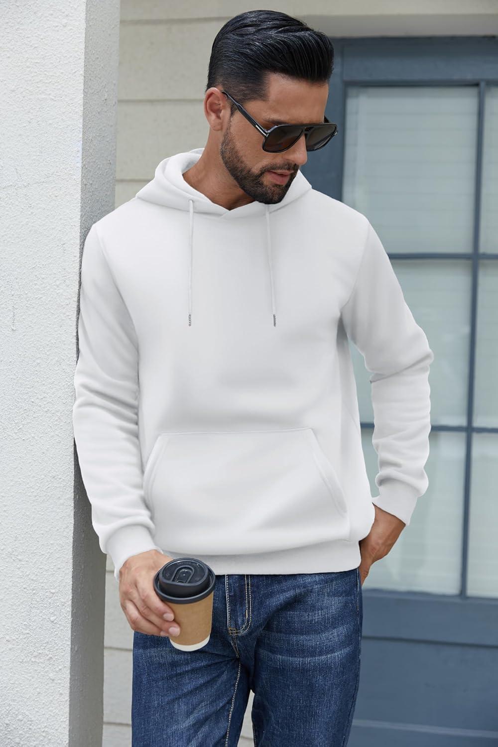 imageCOOFANDY Mens Hoodies Pullover Fleece Lined Hoodie Casual Long Sleeve Drawstring Hooded Sweatshirts with Kanga PocketWhite