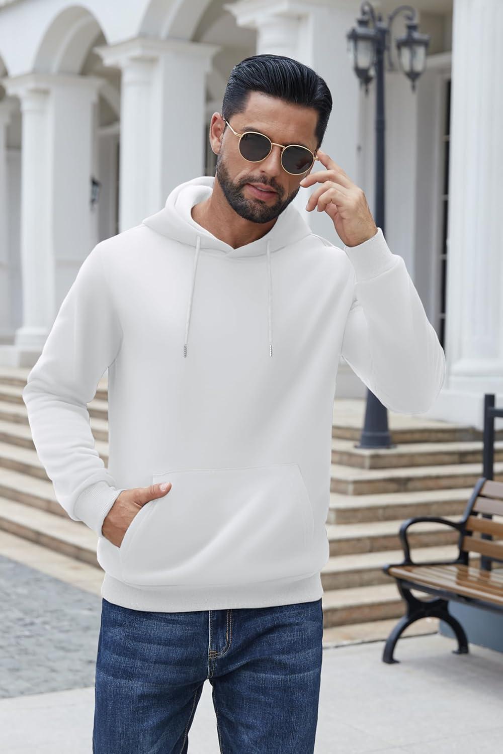 imageCOOFANDY Mens Hoodies Pullover Fleece Lined Hoodie Casual Long Sleeve Drawstring Hooded Sweatshirts with Kanga PocketWhite