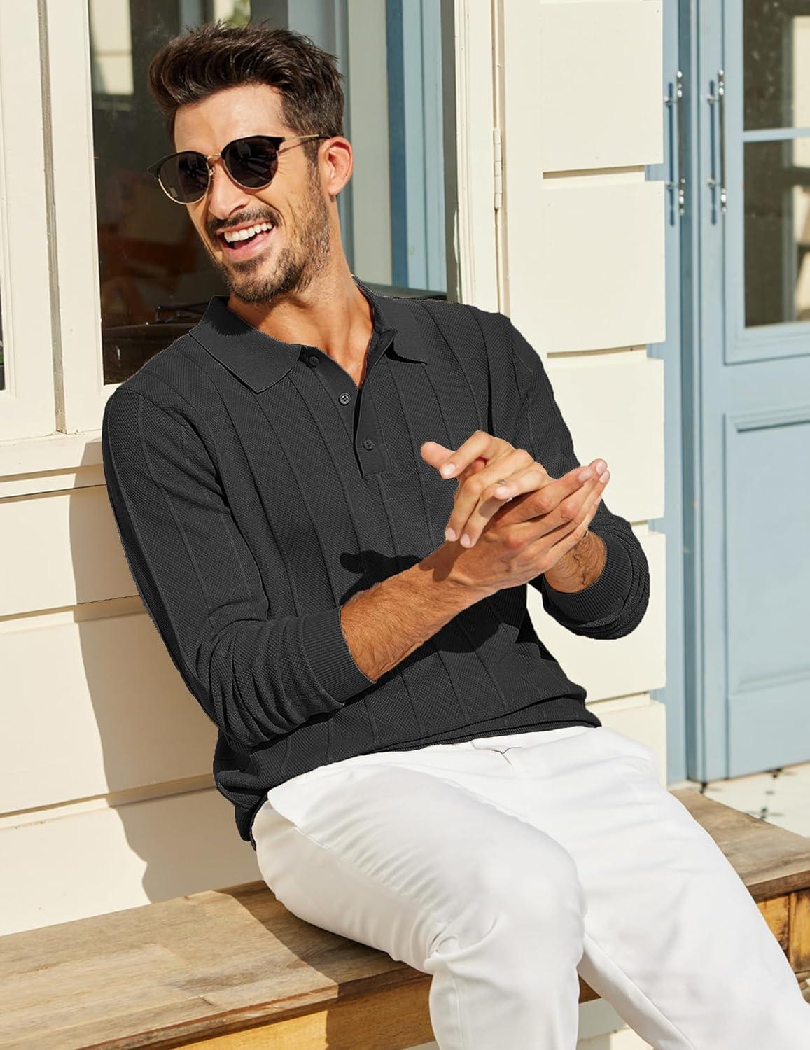 imageCOOFANDY Mens Knit Polo Long Sleeve Polos Sweater Causal Collared Golf Sweaters Fashion Business Dress PulloverAblack