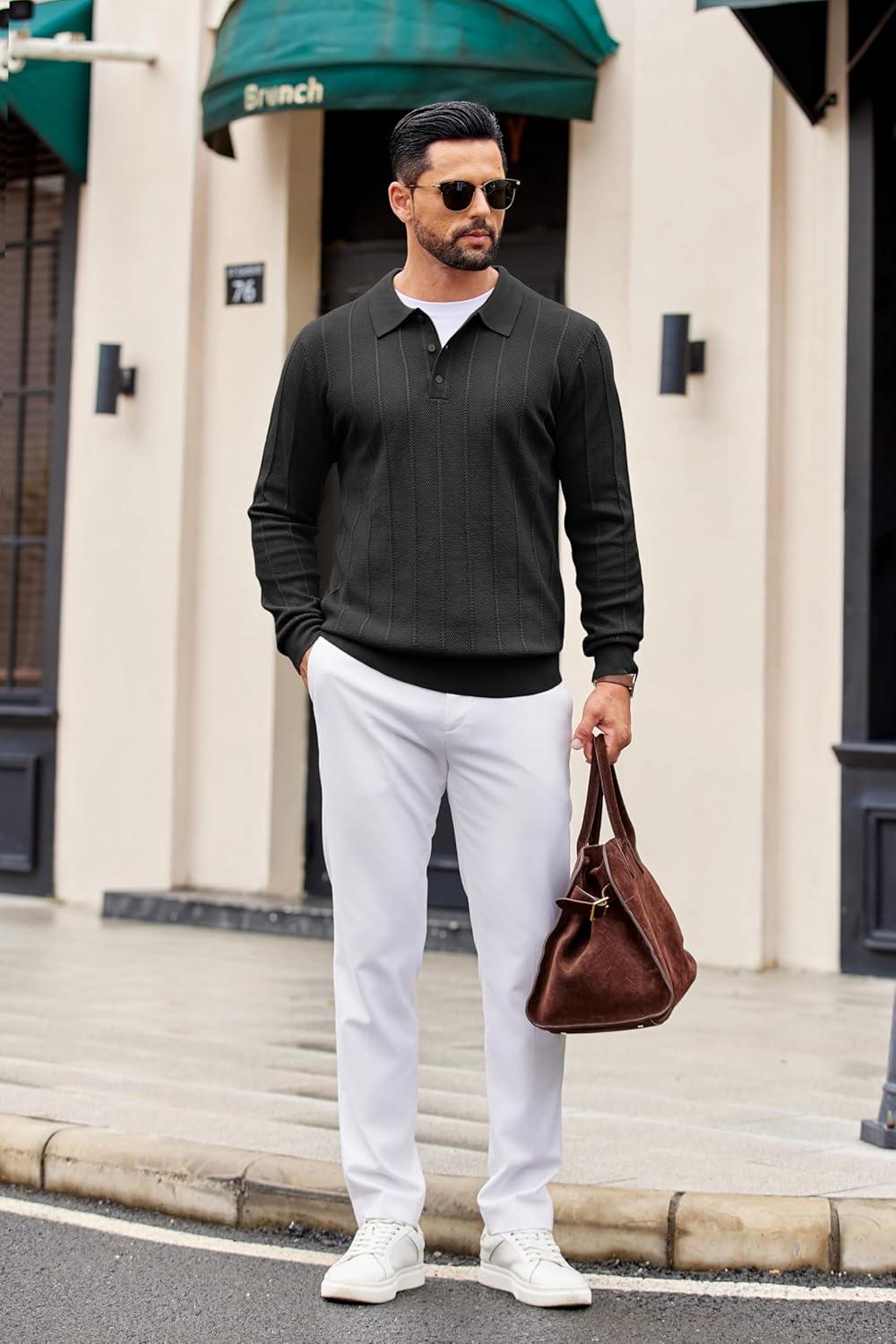 imageCOOFANDY Mens Knit Polo Long Sleeve Polos Sweater Causal Collared Golf Sweaters Fashion Business Dress PulloverAblack