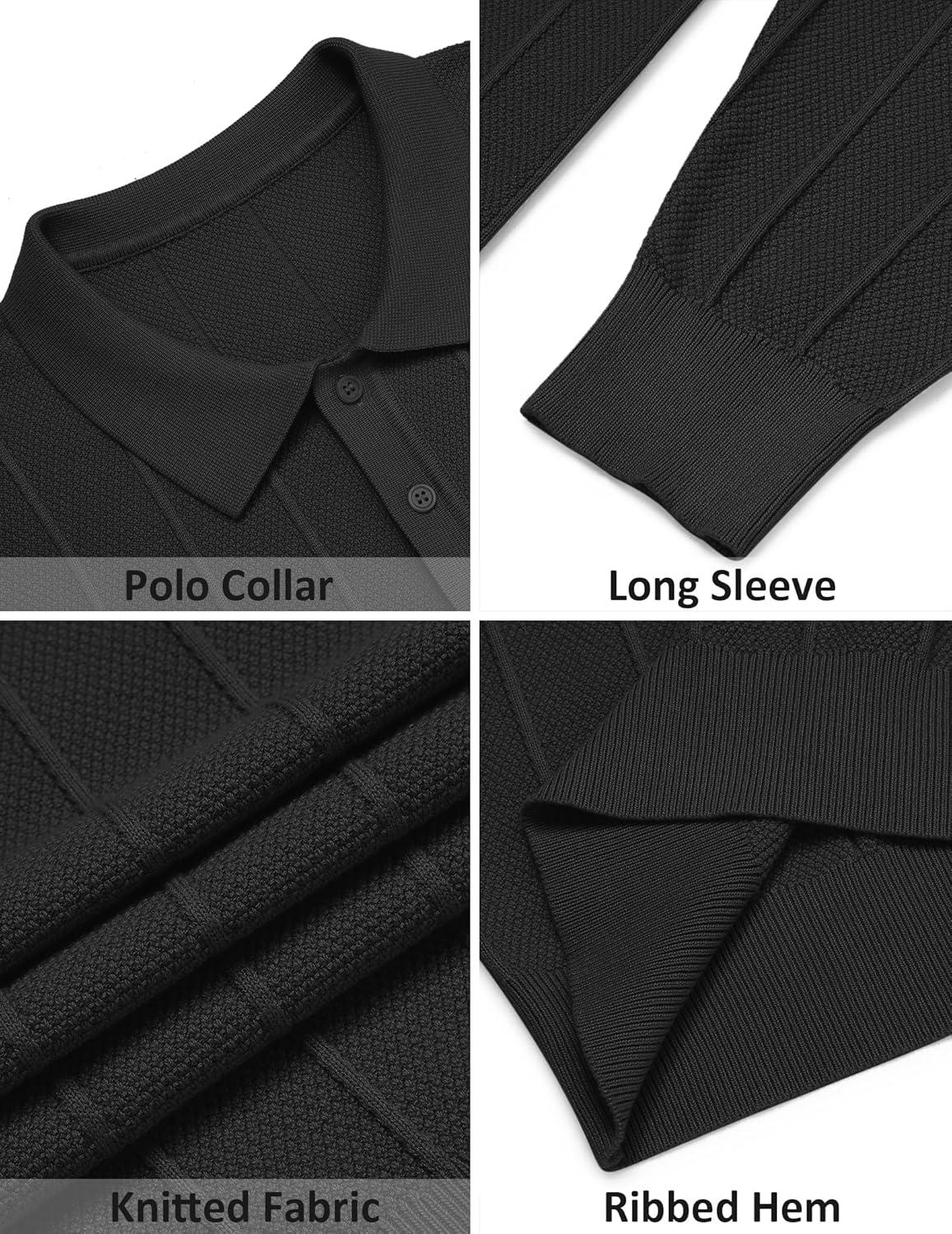 imageCOOFANDY Mens Knit Polo Long Sleeve Polos Sweater Causal Collared Golf Sweaters Fashion Business Dress PulloverAblack