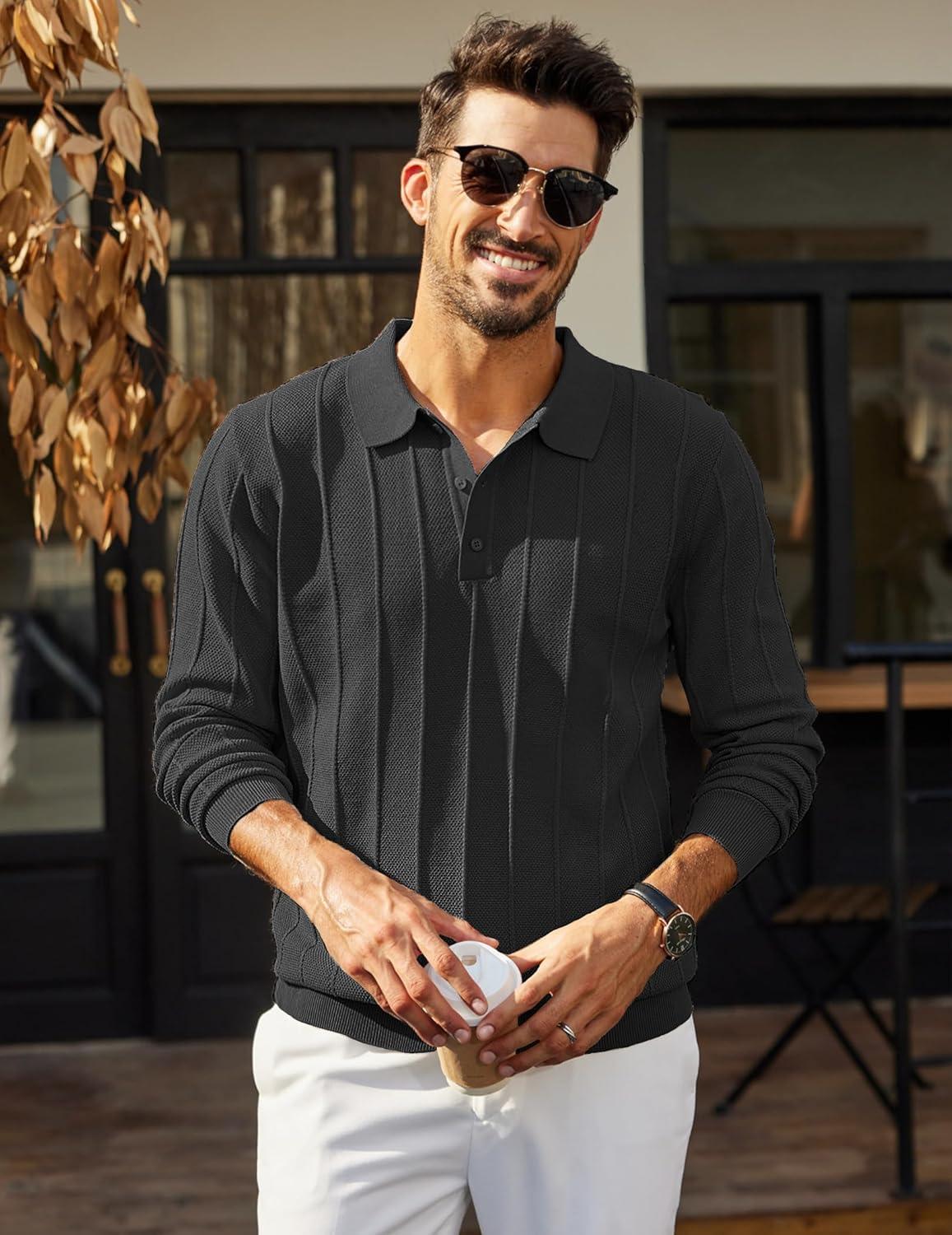 imageCOOFANDY Mens Knit Polo Long Sleeve Polos Sweater Causal Collared Golf Sweaters Fashion Business Dress PulloverAblack