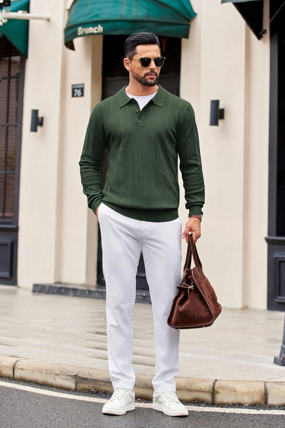 imageCOOFANDY Mens Knit Polo Long Sleeve Polos Sweater Causal Collared Golf Sweaters Fashion Business Dress PulloverArmy Green