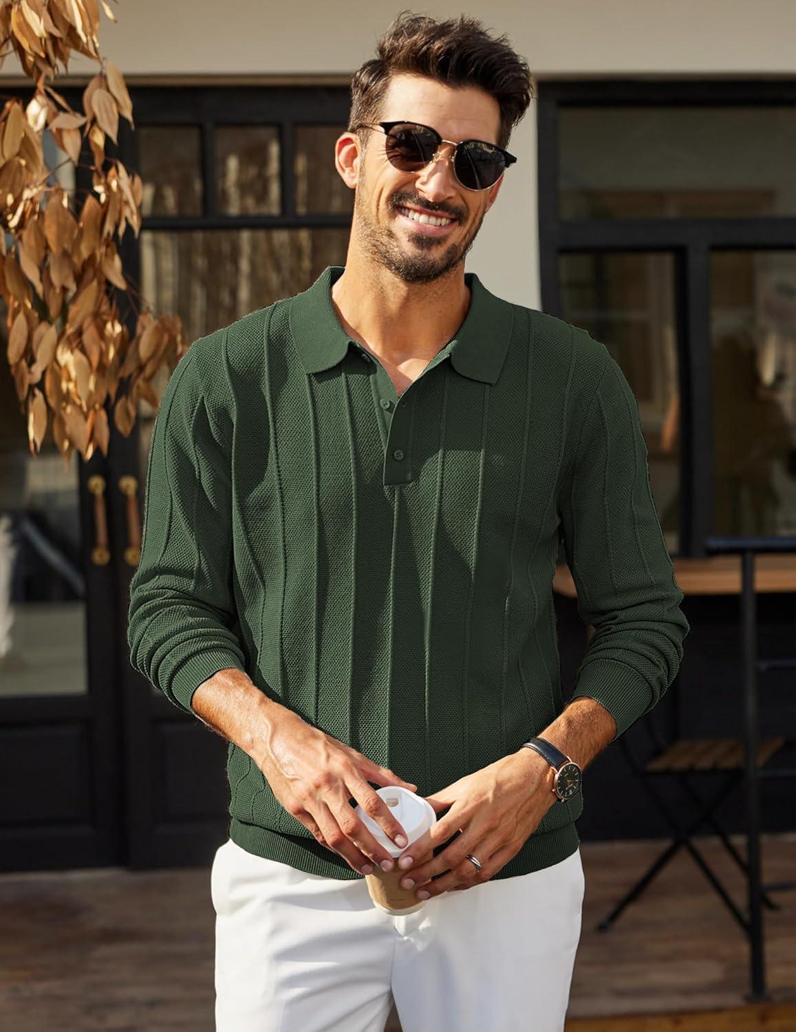imageCOOFANDY Mens Knit Polo Long Sleeve Polos Sweater Causal Collared Golf Sweaters Fashion Business Dress PulloverArmy Green