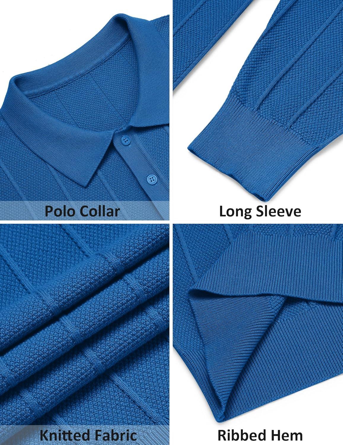 imageCOOFANDY Mens Knit Polo Long Sleeve Polos Sweater Causal Collared Golf Sweaters Fashion Business Dress PulloverBlue