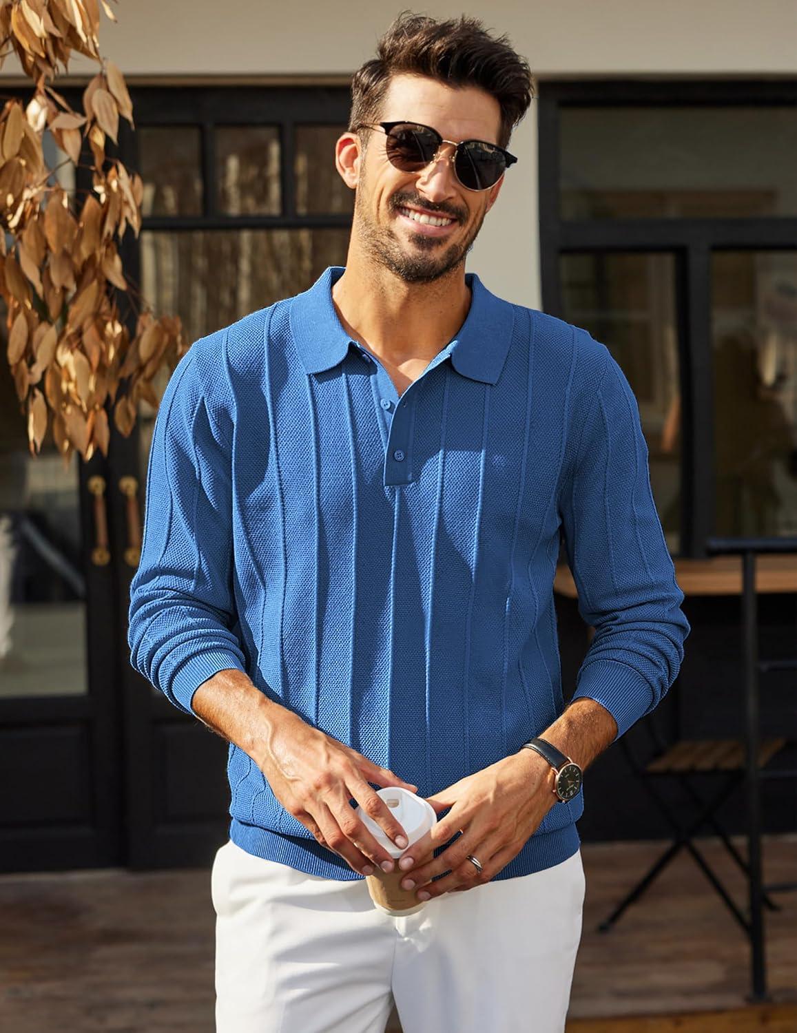 imageCOOFANDY Mens Knit Polo Long Sleeve Polos Sweater Causal Collared Golf Sweaters Fashion Business Dress PulloverBlue