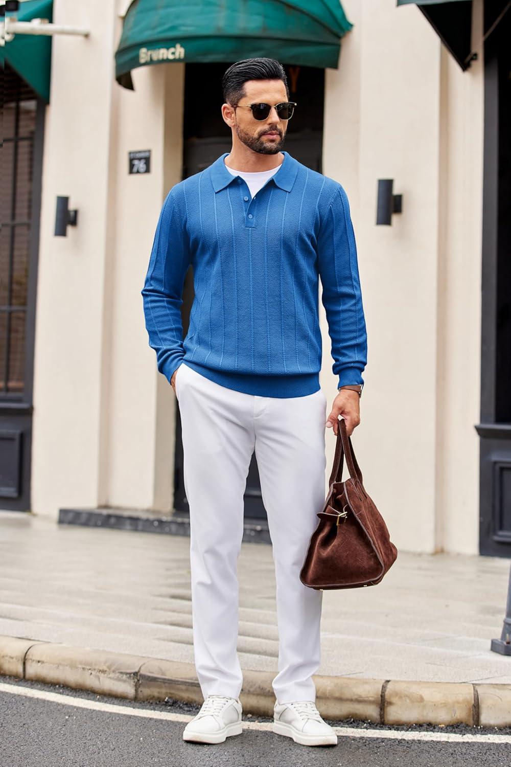 imageCOOFANDY Mens Knit Polo Long Sleeve Polos Sweater Causal Collared Golf Sweaters Fashion Business Dress PulloverBlue