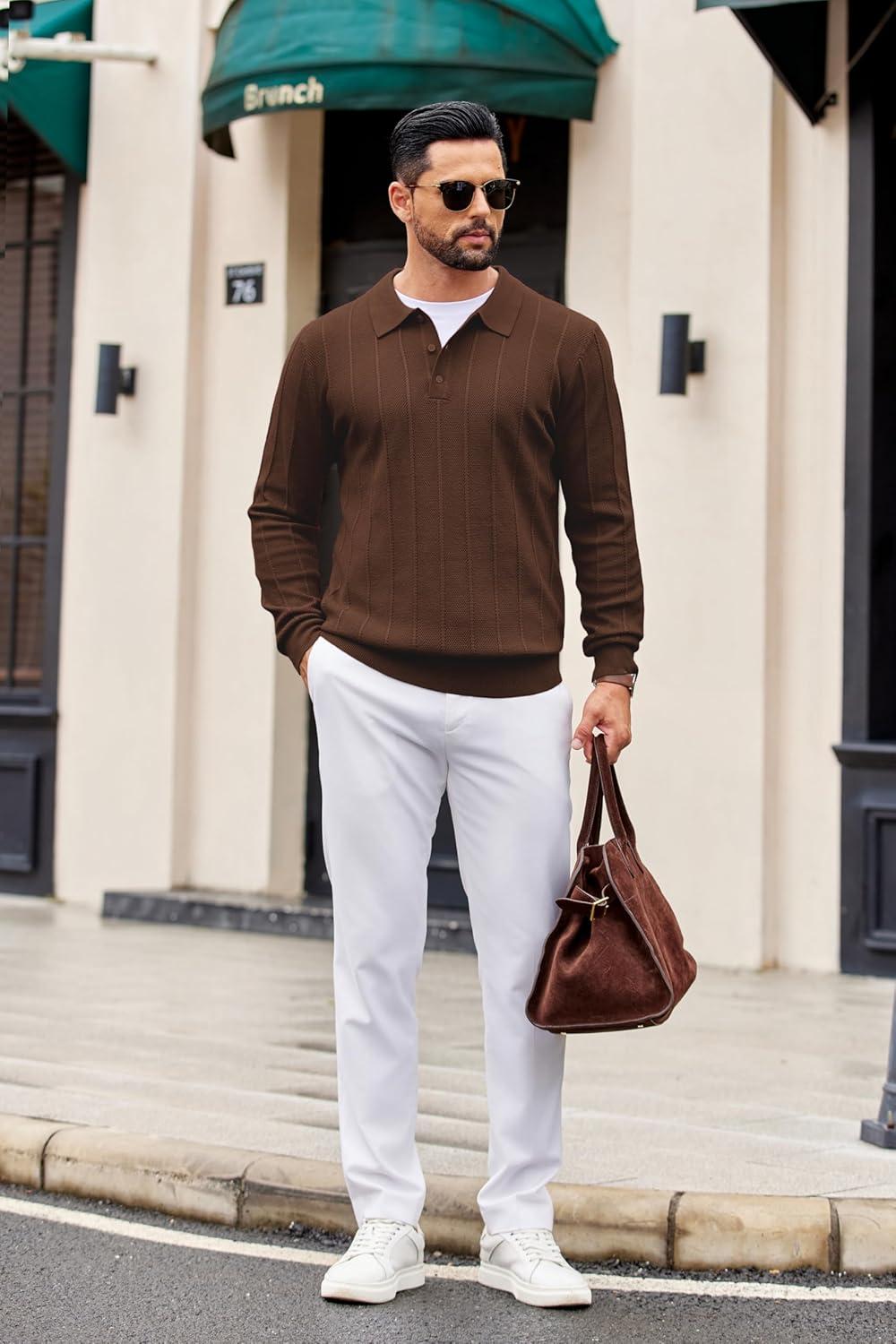 imageCOOFANDY Mens Knit Polo Long Sleeve Polos Sweater Causal Collared Golf Sweaters Fashion Business Dress PulloverBrown