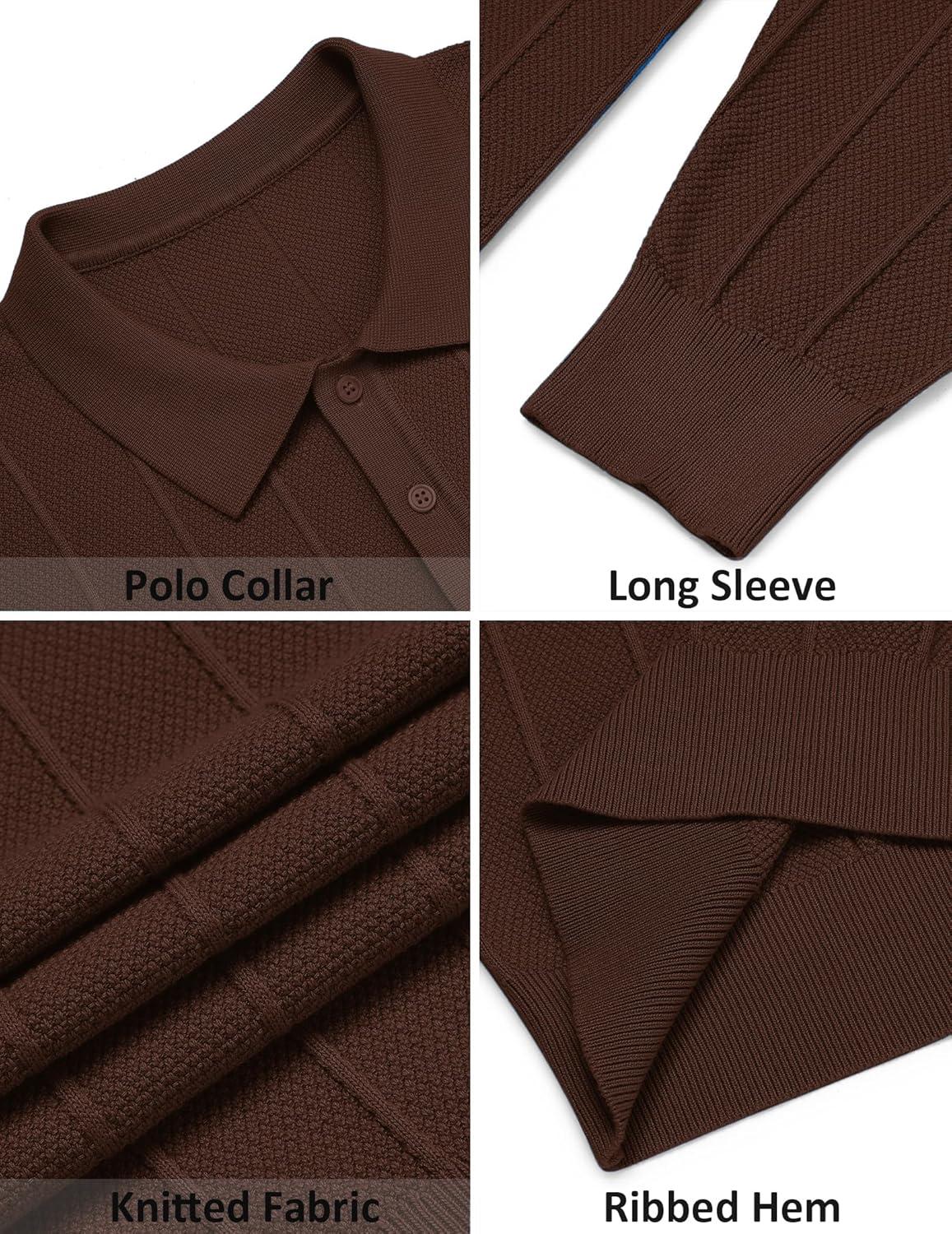 imageCOOFANDY Mens Knit Polo Long Sleeve Polos Sweater Causal Collared Golf Sweaters Fashion Business Dress PulloverBrown