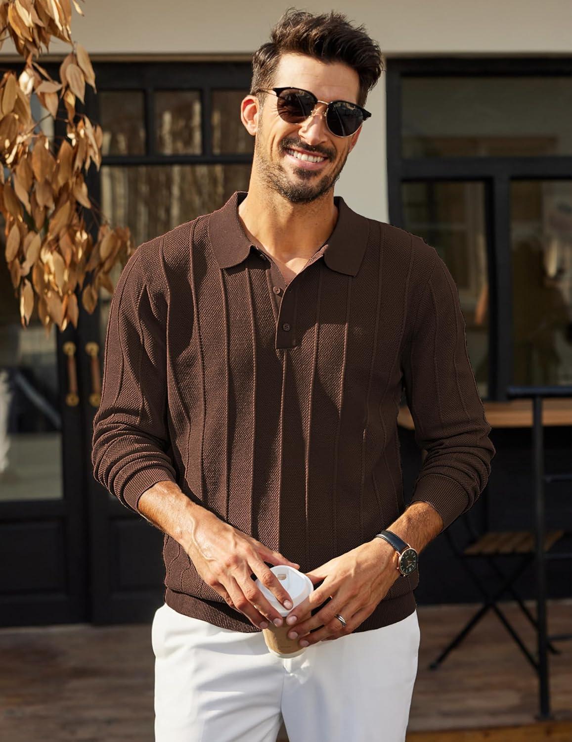 imageCOOFANDY Mens Knit Polo Long Sleeve Polos Sweater Causal Collared Golf Sweaters Fashion Business Dress PulloverBrown