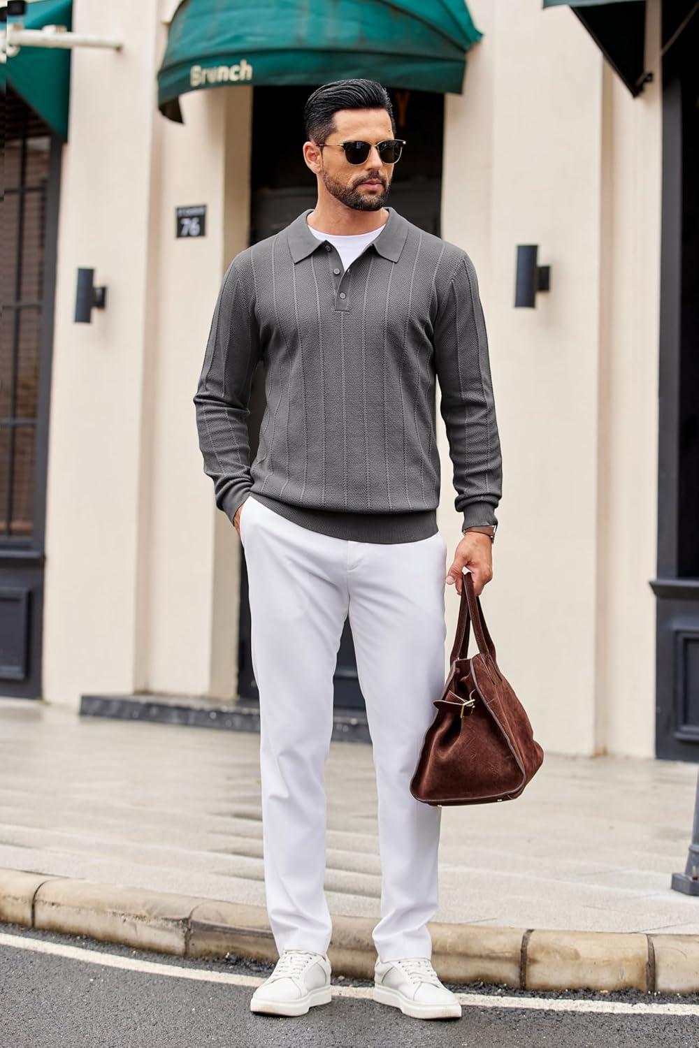 imageCOOFANDY Mens Knit Polo Long Sleeve Polos Sweater Causal Collared Golf Sweaters Fashion Business Dress PulloverDark Grey