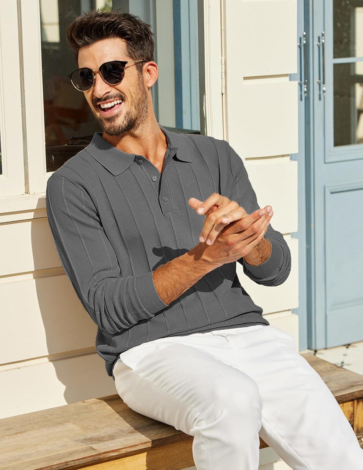 imageCOOFANDY Mens Knit Polo Long Sleeve Polos Sweater Causal Collared Golf Sweaters Fashion Business Dress PulloverDark Grey