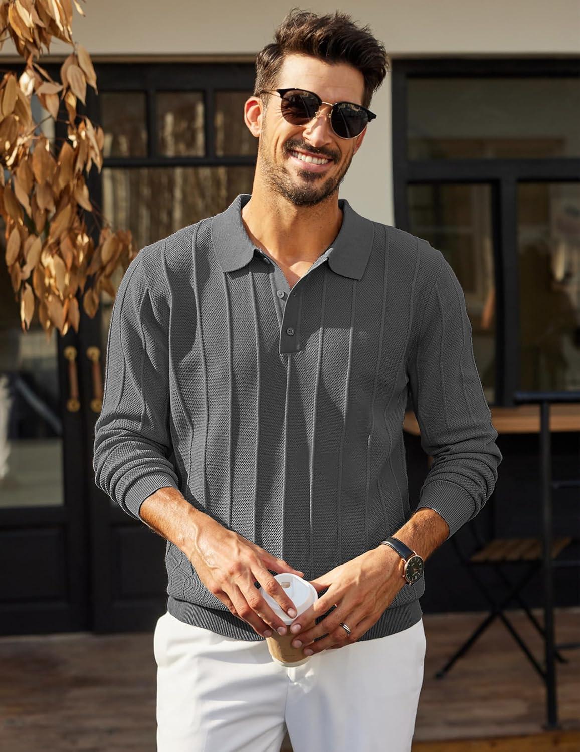 imageCOOFANDY Mens Knit Polo Long Sleeve Polos Sweater Causal Collared Golf Sweaters Fashion Business Dress PulloverDark Grey