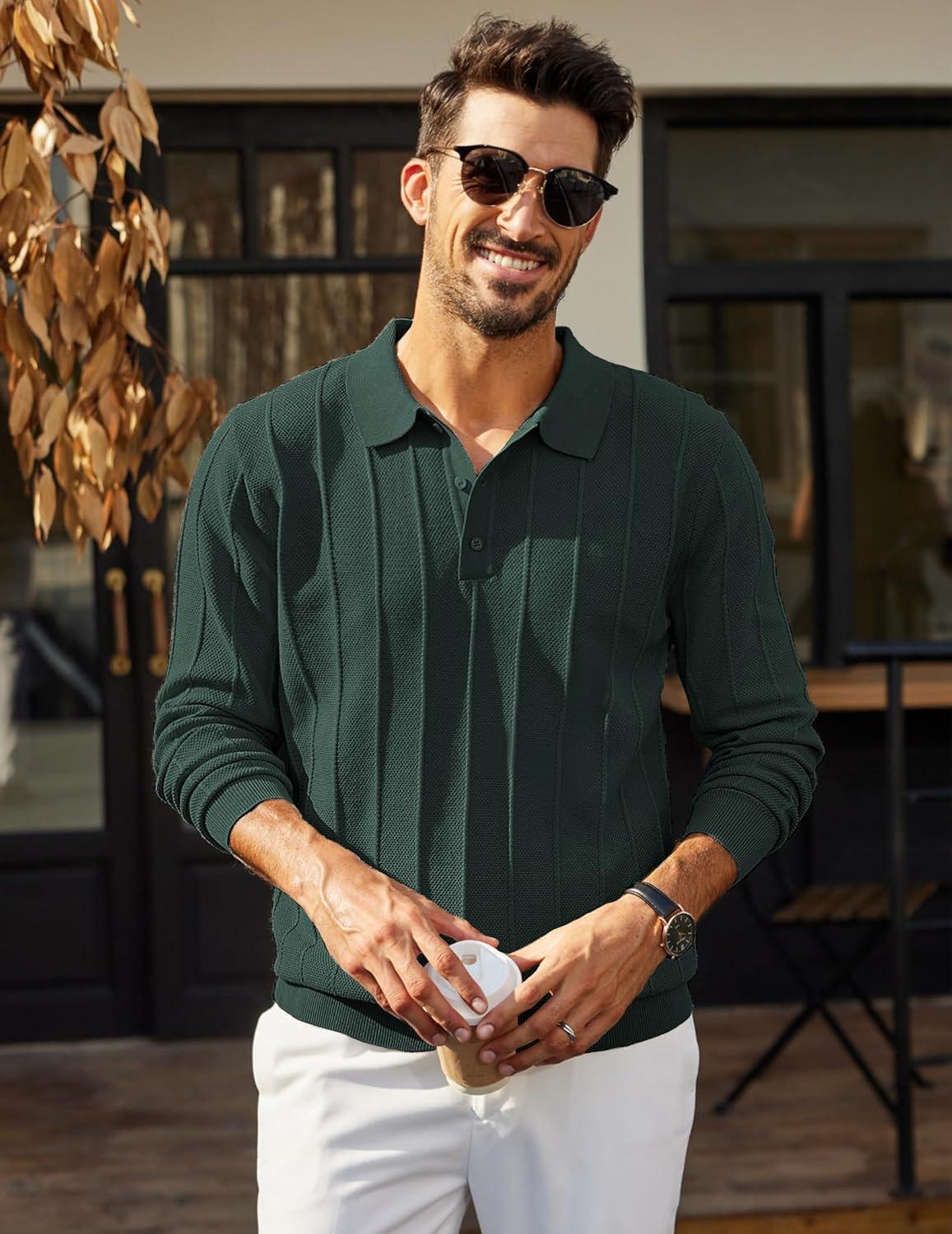 imageCOOFANDY Mens Knit Polo Long Sleeve Polos Sweater Causal Collared Golf Sweaters Fashion Business Dress PulloverGreen