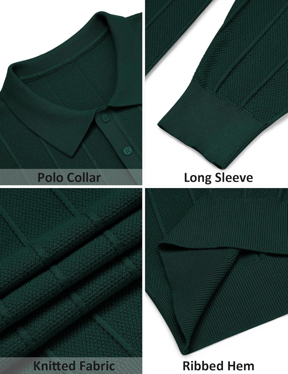 imageCOOFANDY Mens Knit Polo Long Sleeve Polos Sweater Causal Collared Golf Sweaters Fashion Business Dress PulloverGreen