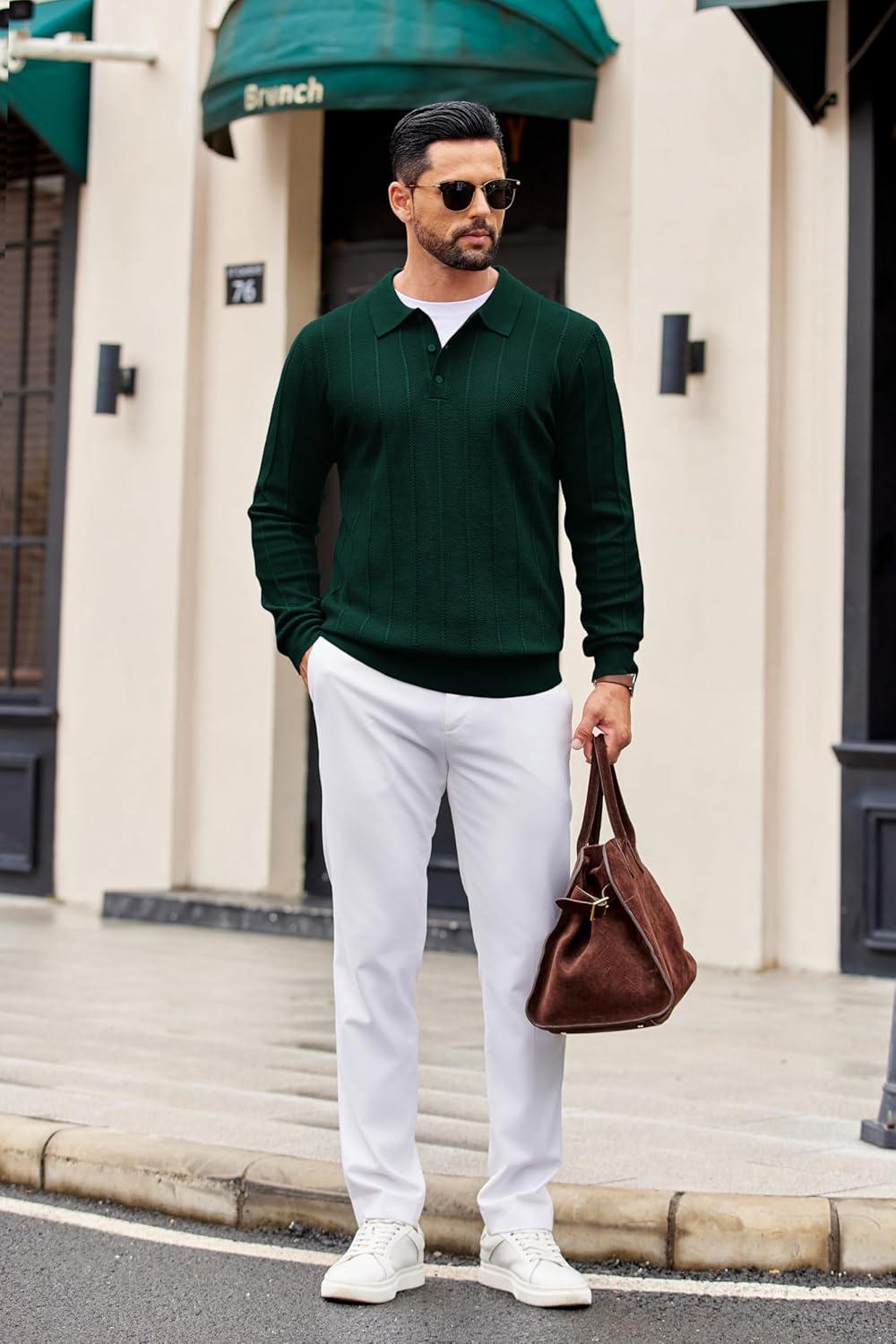 imageCOOFANDY Mens Knit Polo Long Sleeve Polos Sweater Causal Collared Golf Sweaters Fashion Business Dress PulloverGreen