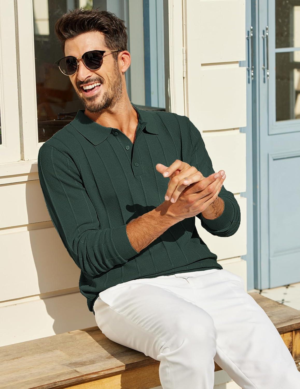 imageCOOFANDY Mens Knit Polo Long Sleeve Polos Sweater Causal Collared Golf Sweaters Fashion Business Dress PulloverGreen