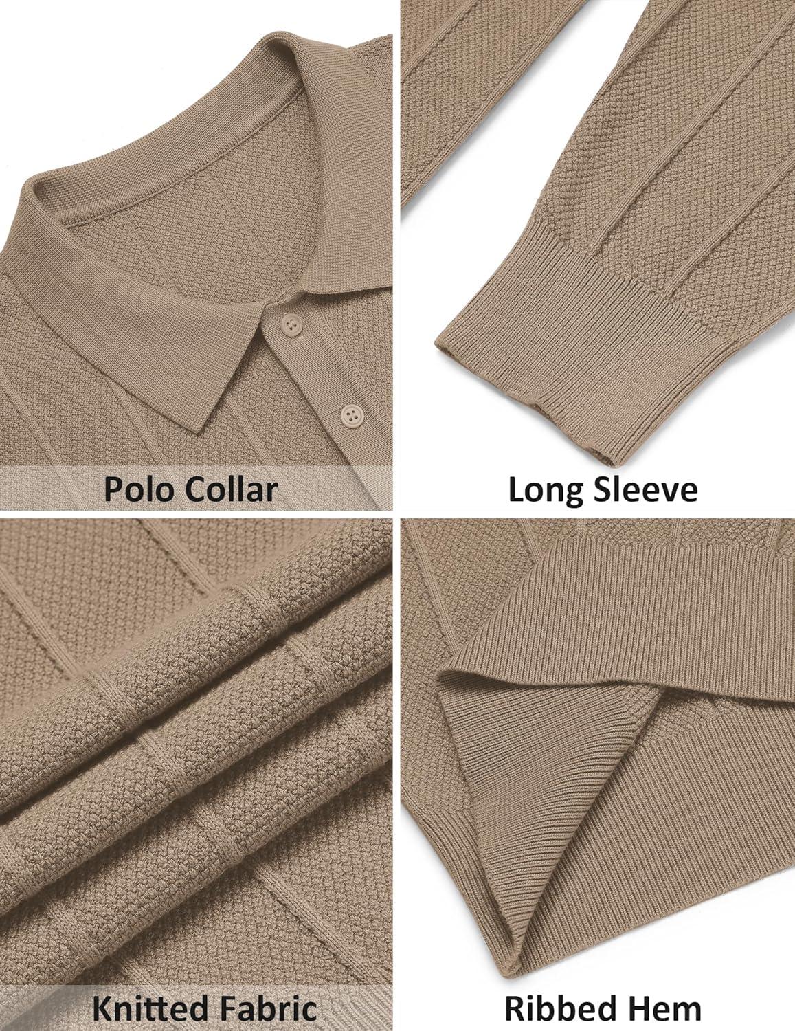 imageCOOFANDY Mens Knit Polo Long Sleeve Polos Sweater Causal Collared Golf Sweaters Fashion Business Dress PulloverKhaki