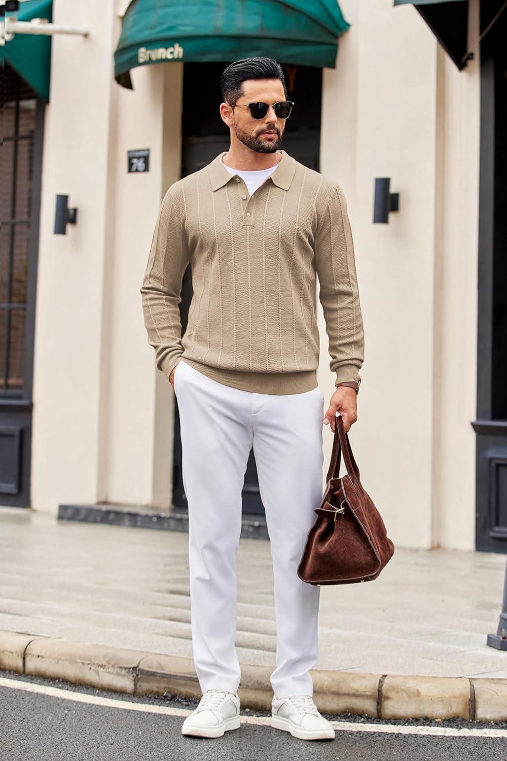 imageCOOFANDY Mens Knit Polo Long Sleeve Polos Sweater Causal Collared Golf Sweaters Fashion Business Dress PulloverKhaki