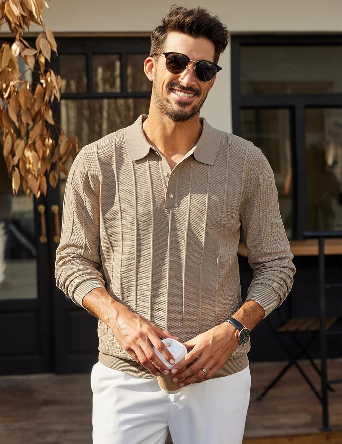 imageCOOFANDY Mens Knit Polo Long Sleeve Polos Sweater Causal Collared Golf Sweaters Fashion Business Dress PulloverKhaki