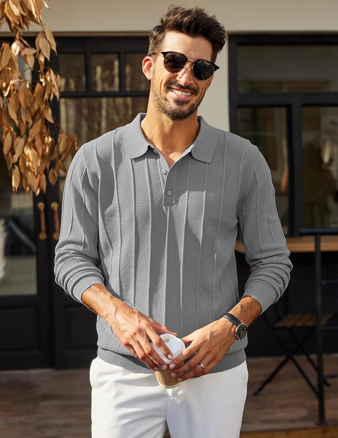 imageCOOFANDY Mens Knit Polo Long Sleeve Polos Sweater Causal Collared Golf Sweaters Fashion Business Dress PulloverLight Grey