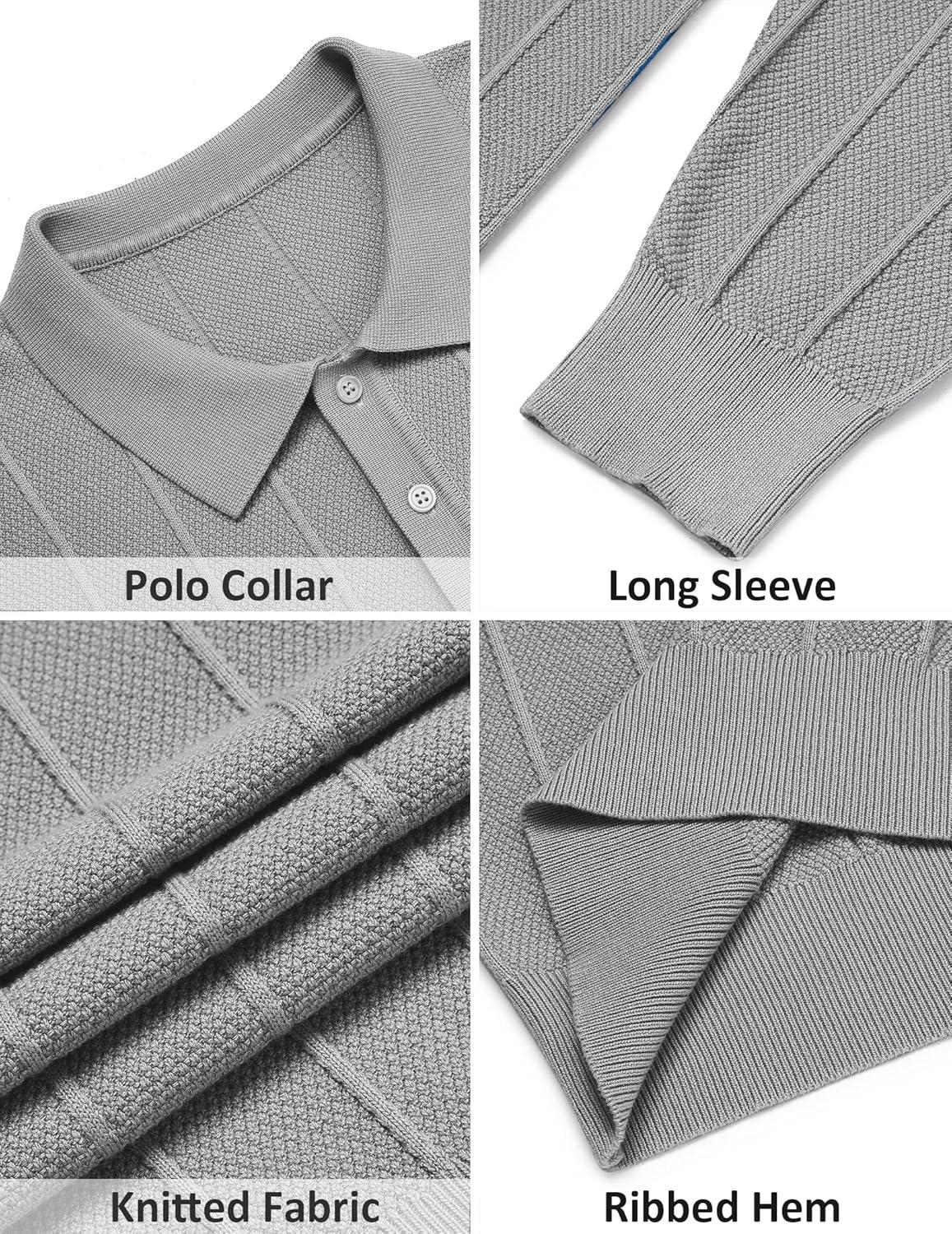 imageCOOFANDY Mens Knit Polo Long Sleeve Polos Sweater Causal Collared Golf Sweaters Fashion Business Dress PulloverLight Grey