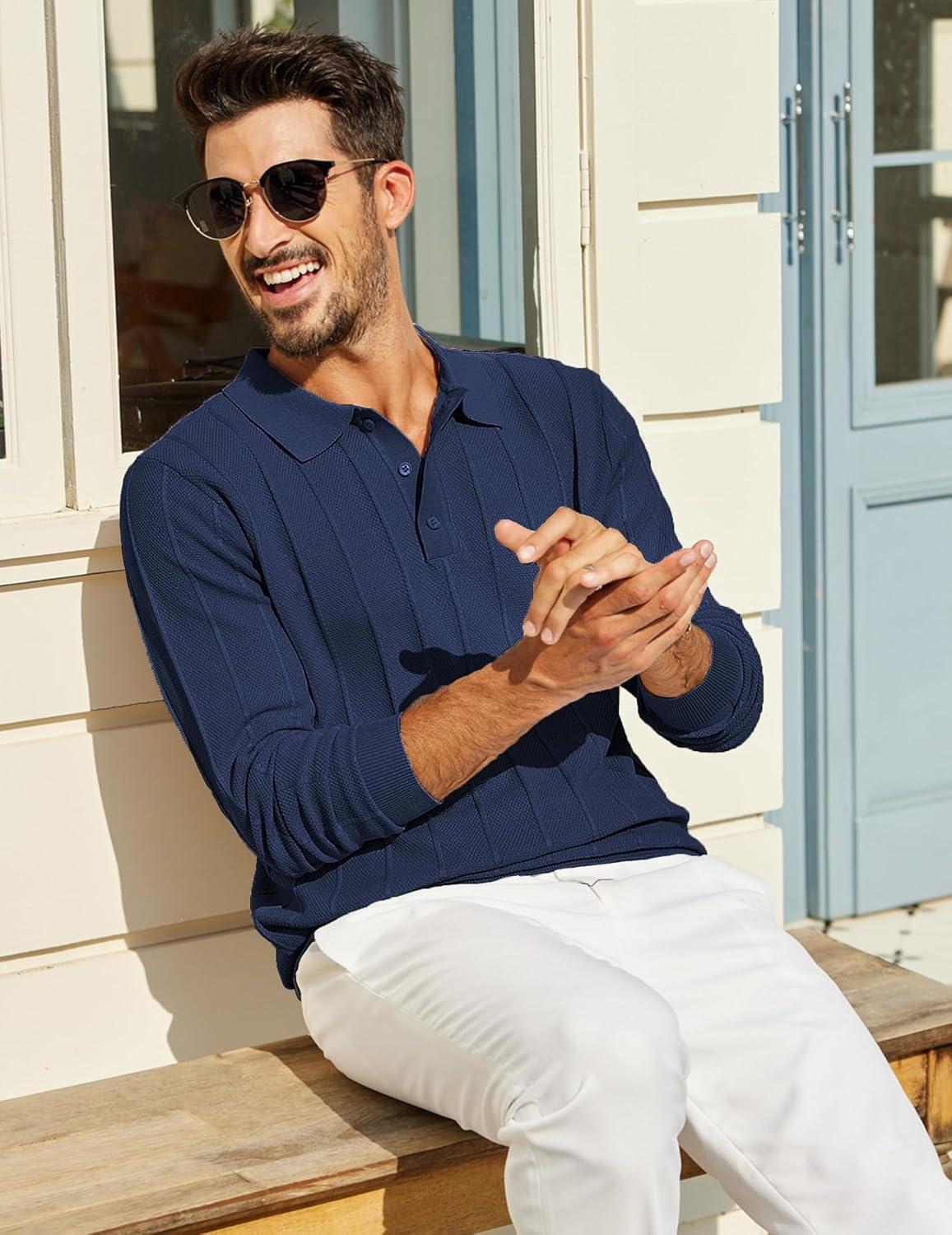 imageCOOFANDY Mens Knit Polo Long Sleeve Polos Sweater Causal Collared Golf Sweaters Fashion Business Dress PulloverNavy Blue