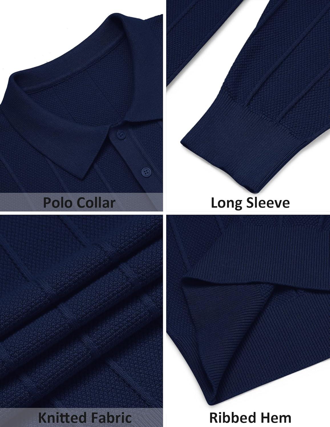 imageCOOFANDY Mens Knit Polo Long Sleeve Polos Sweater Causal Collared Golf Sweaters Fashion Business Dress PulloverNavy Blue