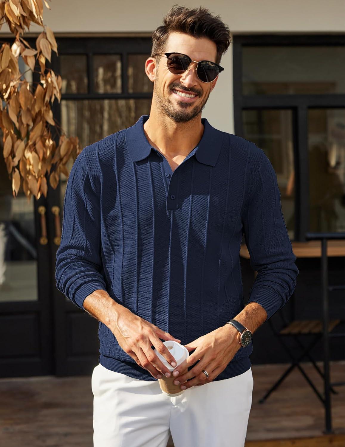 imageCOOFANDY Mens Knit Polo Long Sleeve Polos Sweater Causal Collared Golf Sweaters Fashion Business Dress PulloverNavy Blue