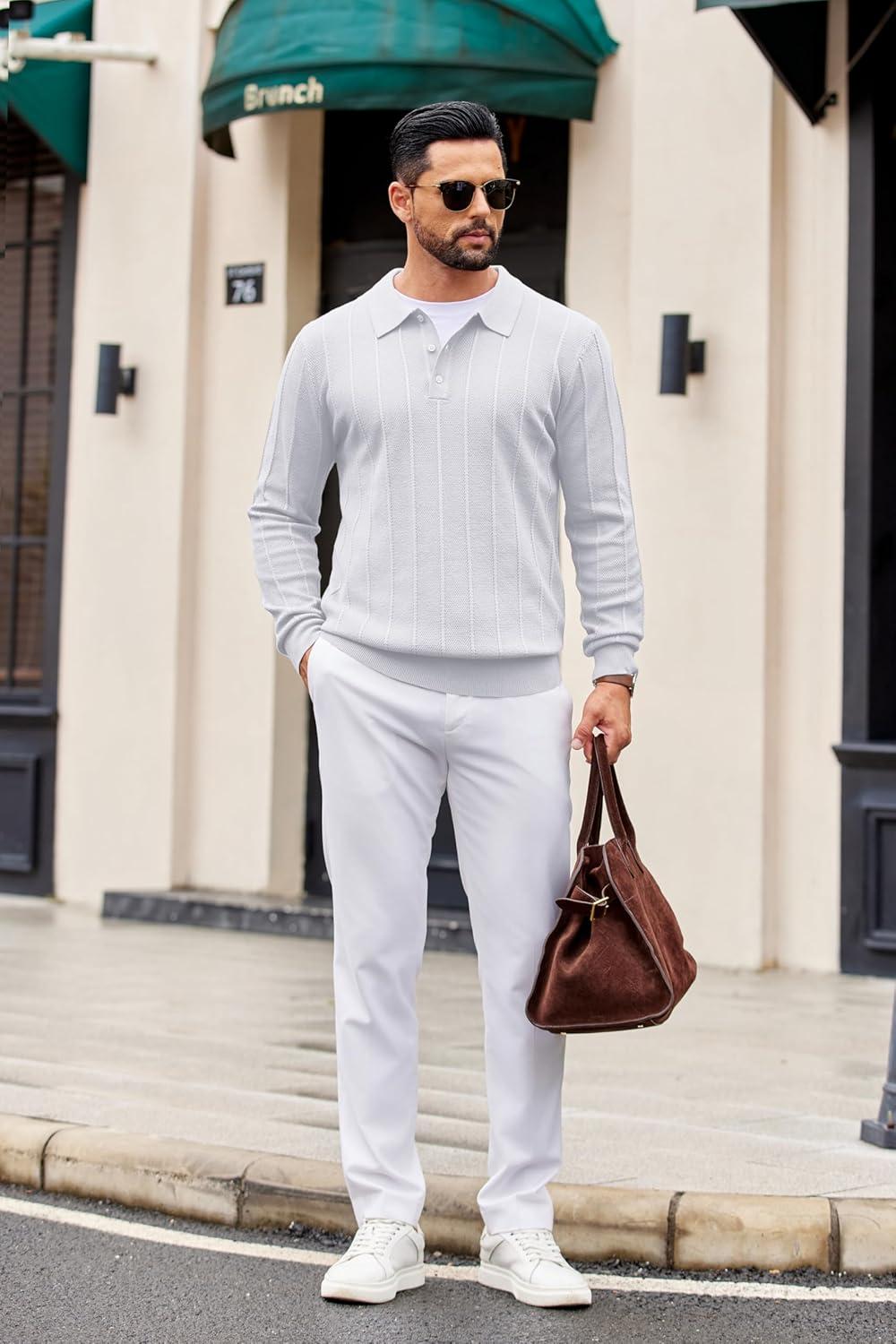 imageCOOFANDY Mens Knit Polo Long Sleeve Polos Sweater Causal Collared Golf Sweaters Fashion Business Dress PulloverWhite